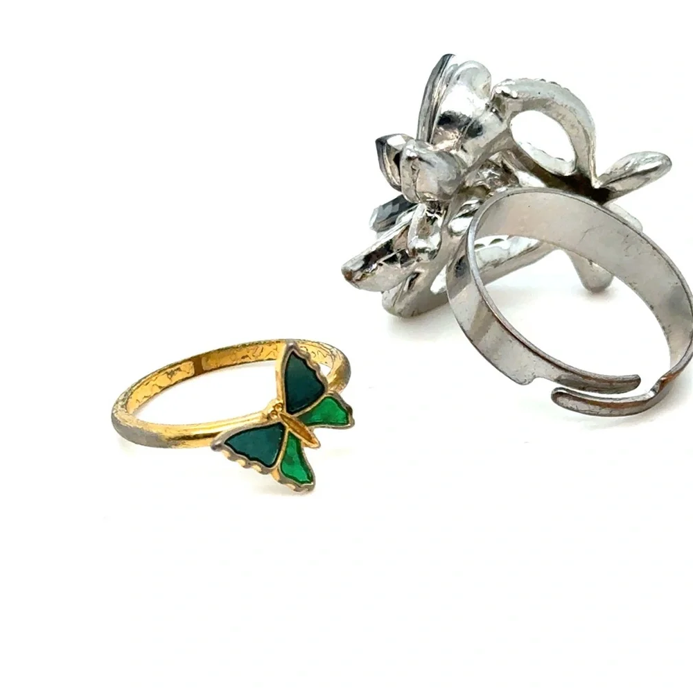 Silver‎ Crystal Floral Cocktail Ring and Gold Green Butterfly Stack Ring